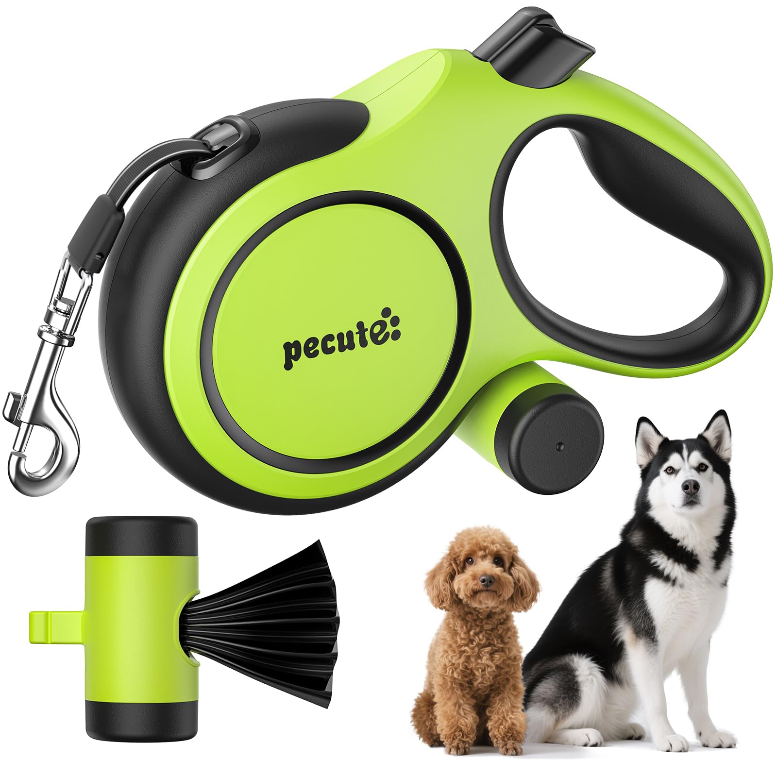 Correa retráctil Pecute con mango ergonómico para paseos cómodos y control seguro.