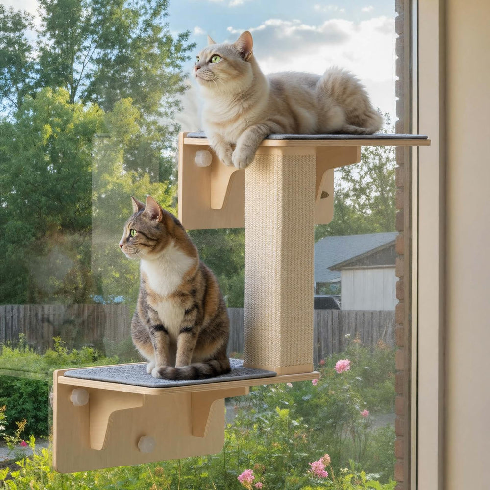 Pecute estantes dobles para gatos en pared y ventana ofrecen observación y juego.