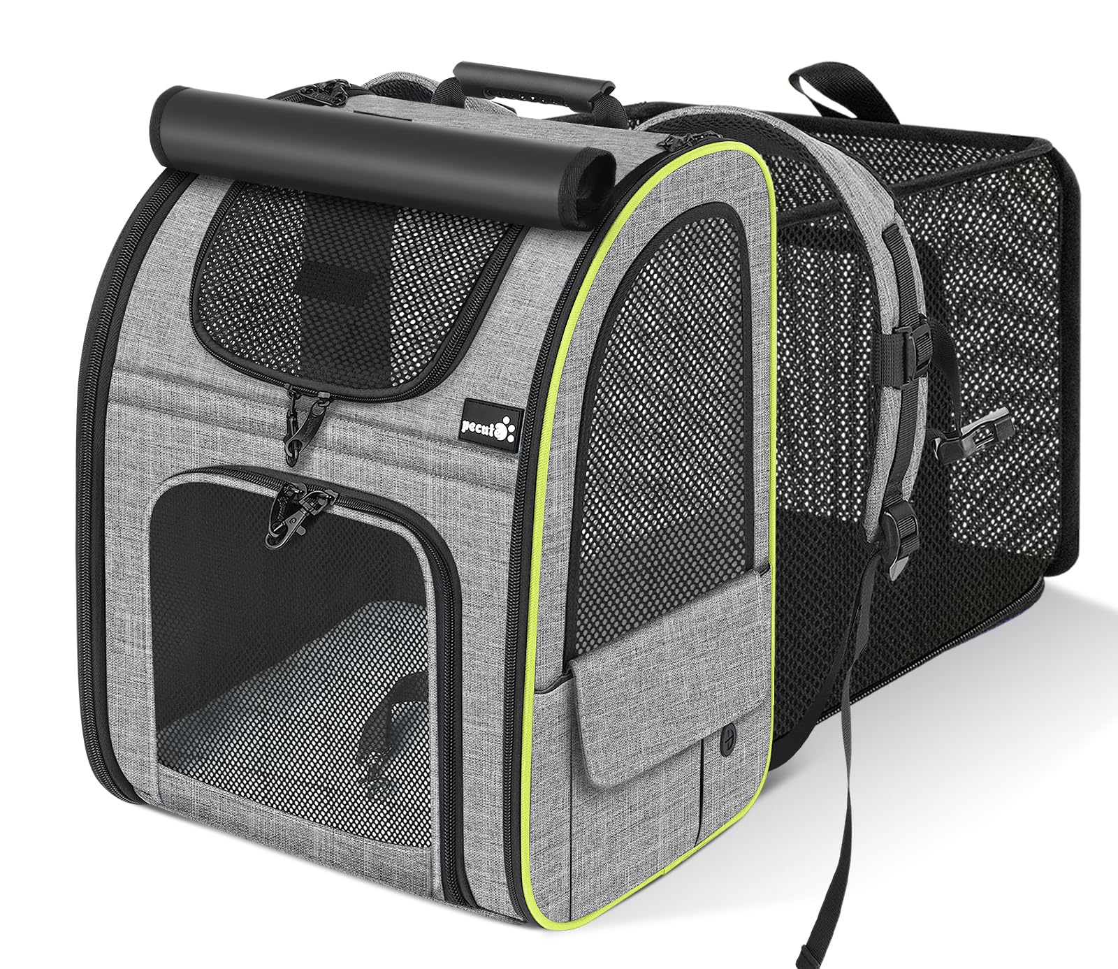 Pecute Mochila Porta-Gato Expandible en uso, comodidad y espacio adicional para la mascota.