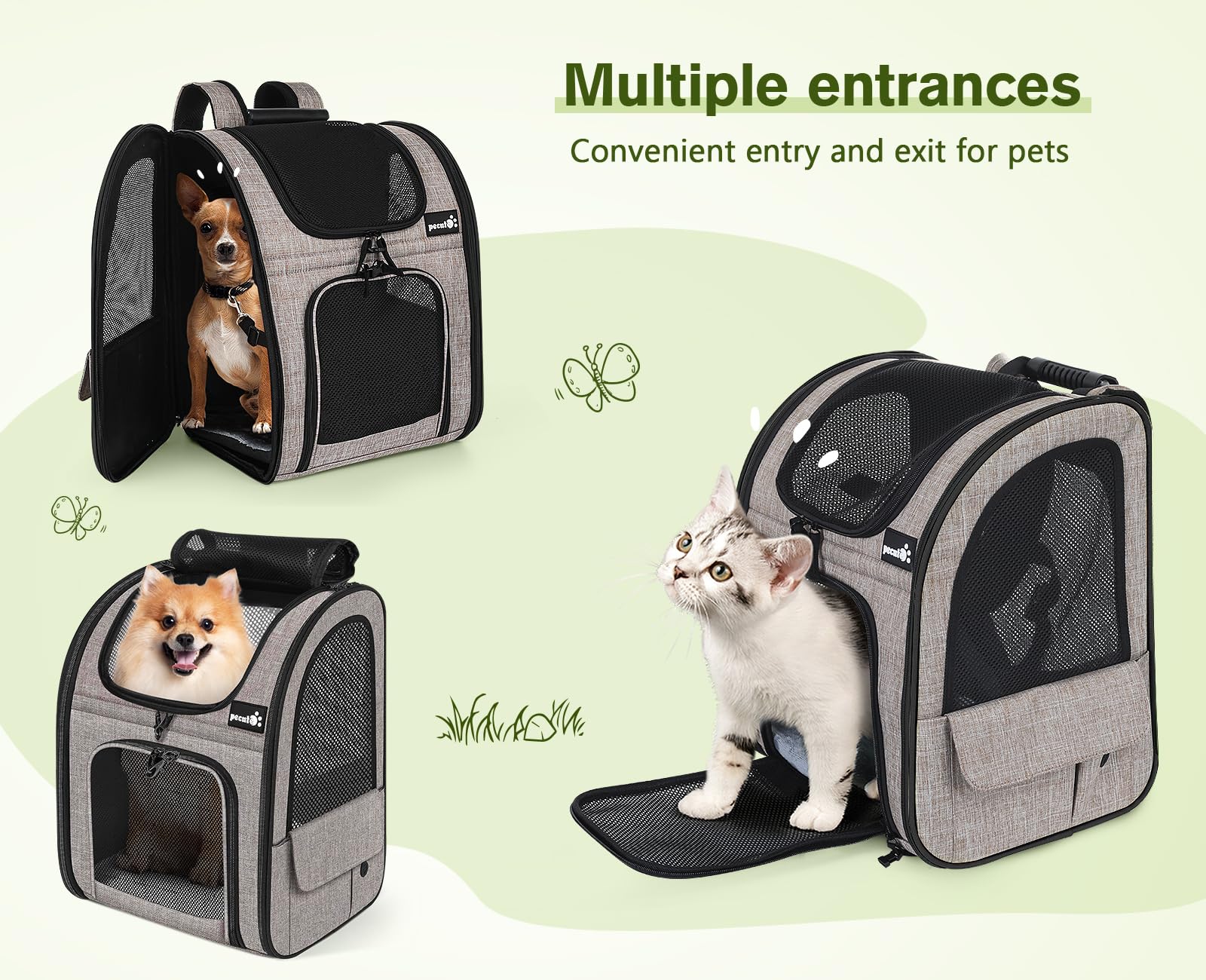Pecute mochila portamascotas bolsillos laterales para comida y accesorios.