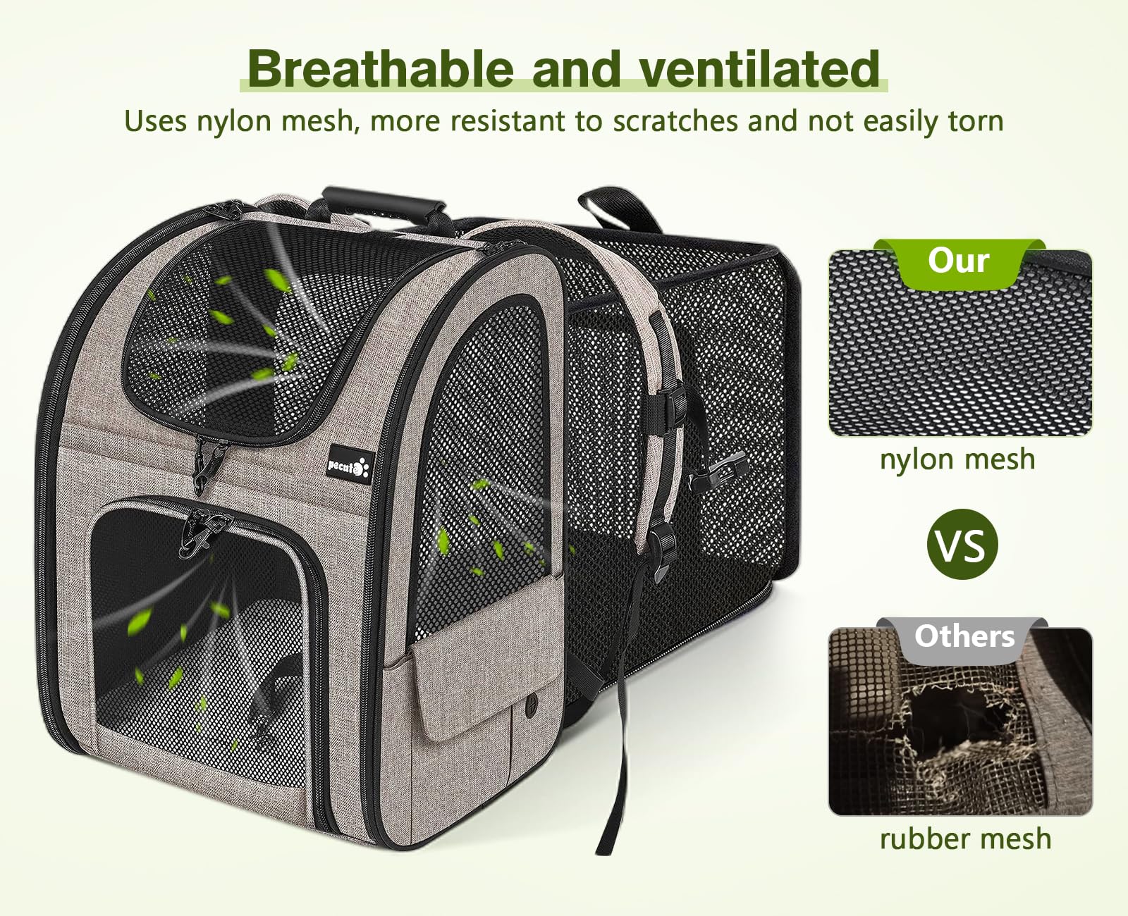 Pecute mochila portamascotas: comodidad con base acolchada y funda lavable.