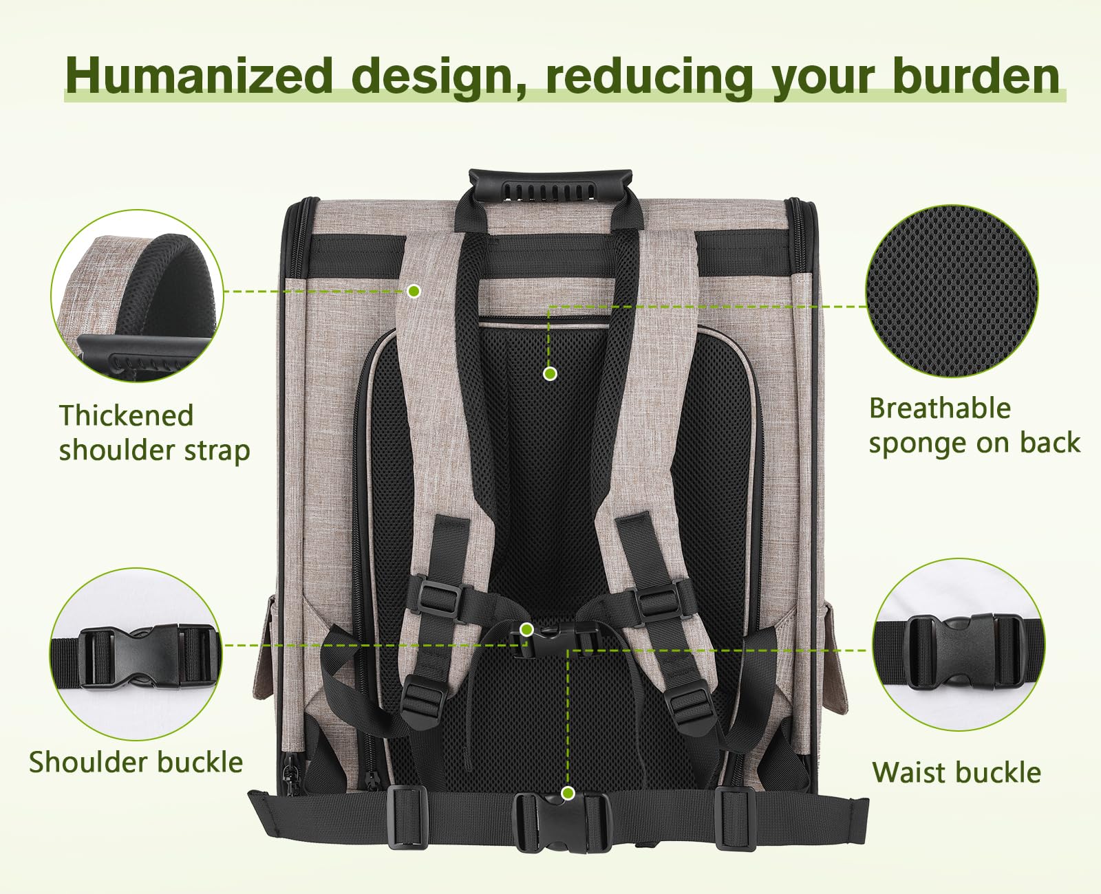 Pecute mochila portamascotas: diseño ergonómico con correas anchas para hombros.