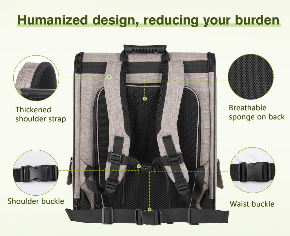 Pecute mochila portamascotas: diseño ergonómico con correas anchas para hombros.