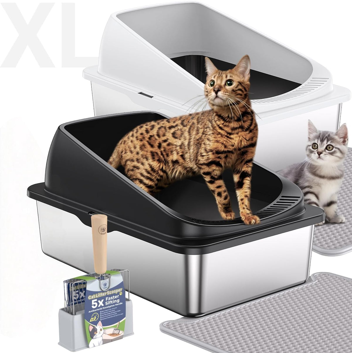 PEDIBAT caja de arena en acero inoxidable XL con tapa, visión de apertura lateral.