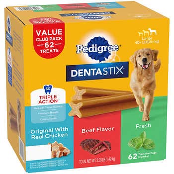 Pedigree Dentastix: sabores Original, Ternera y Fresco para mejorar el aliento en perros.