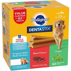 Pedigree Dentastix: sabores Original, Ternera y Fresco para mejorar el aliento en perros.