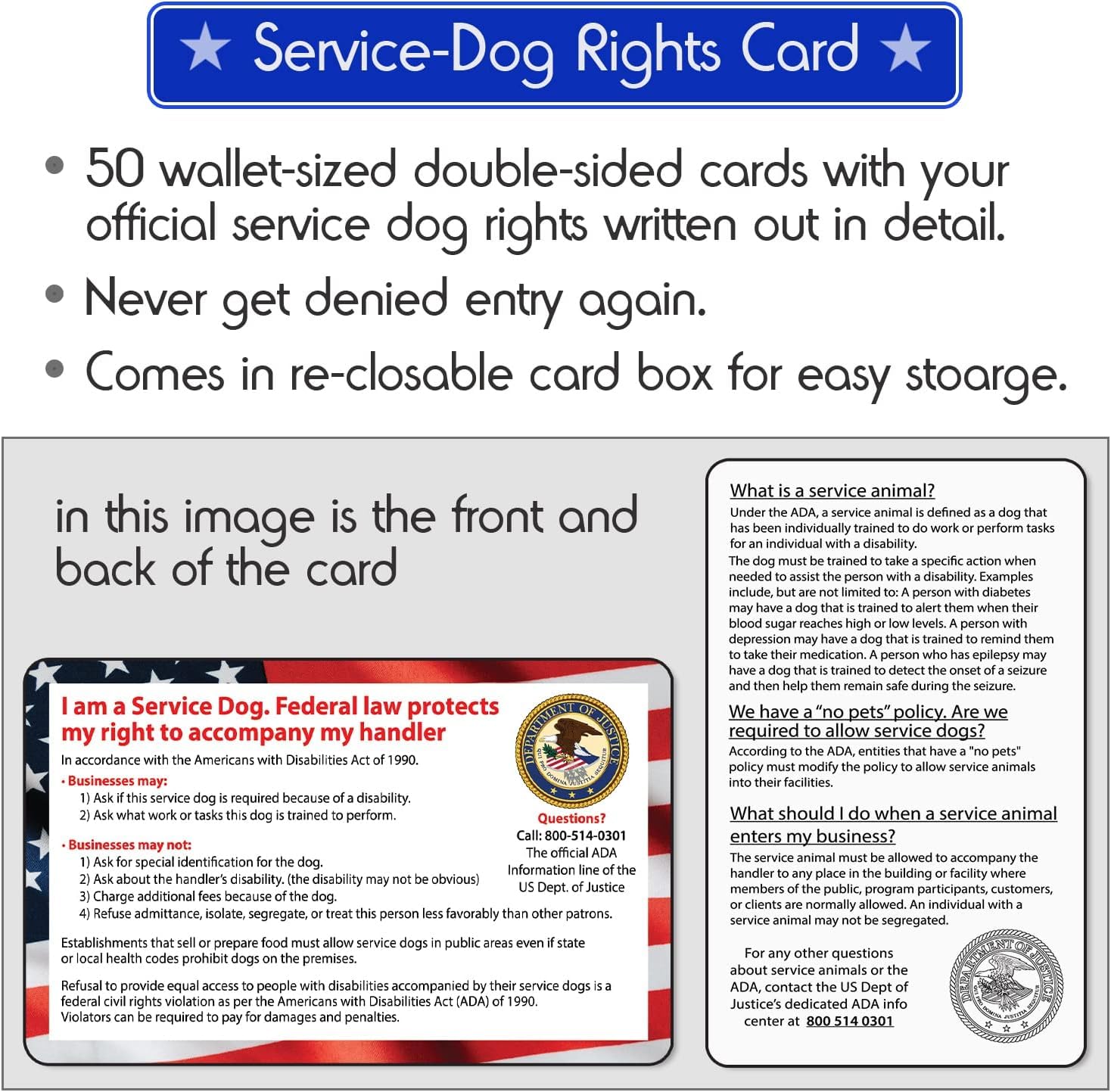 Caja Pelto con 50 tarjetas ADA para derechos civiles del perro de servicio.