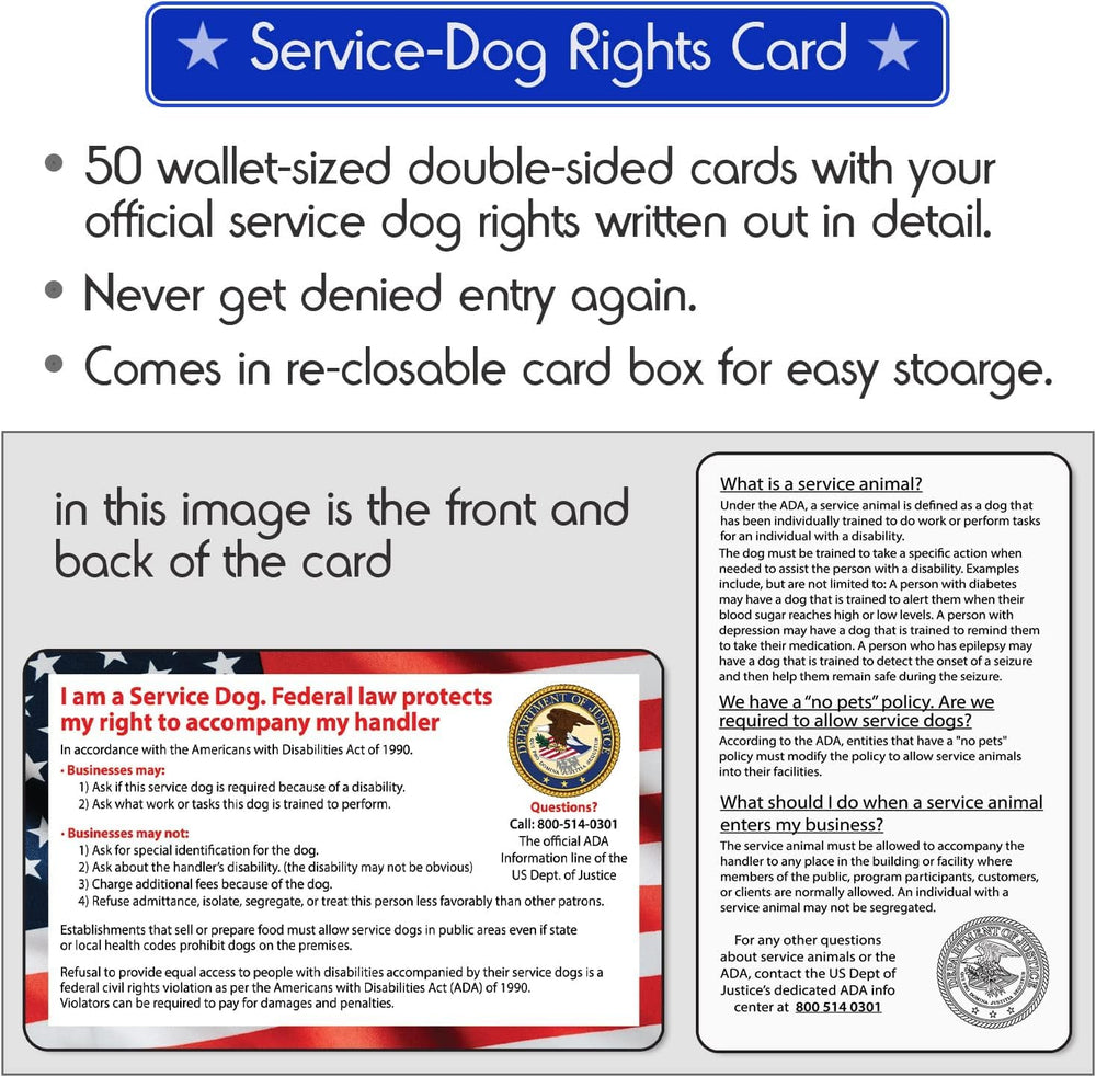 Caja Pelto con 50 tarjetas ADA para derechos civiles del perro de servicio.