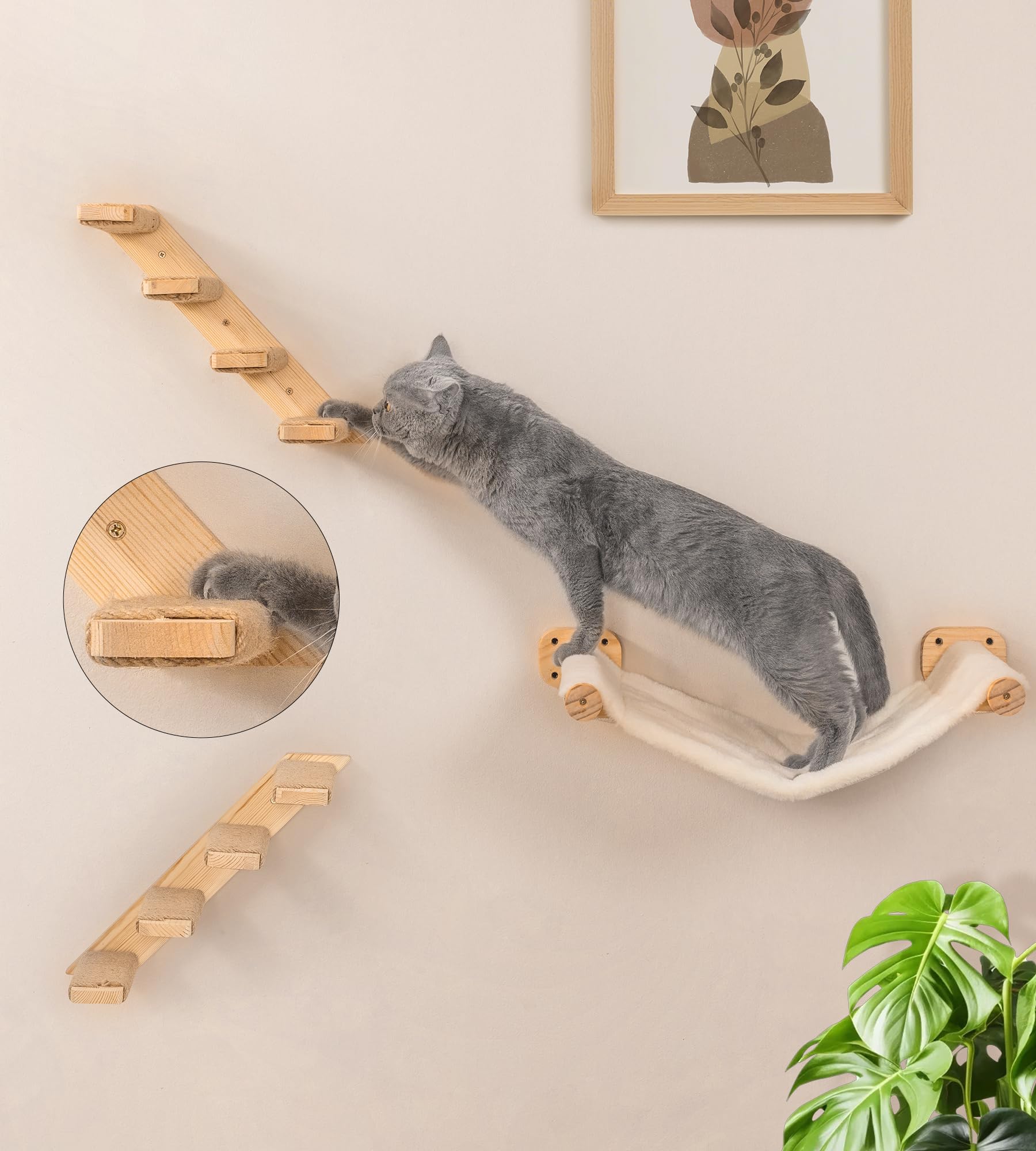 Peluomoz escalera de pared para gatos, 4 peldaños, agarre seguro.