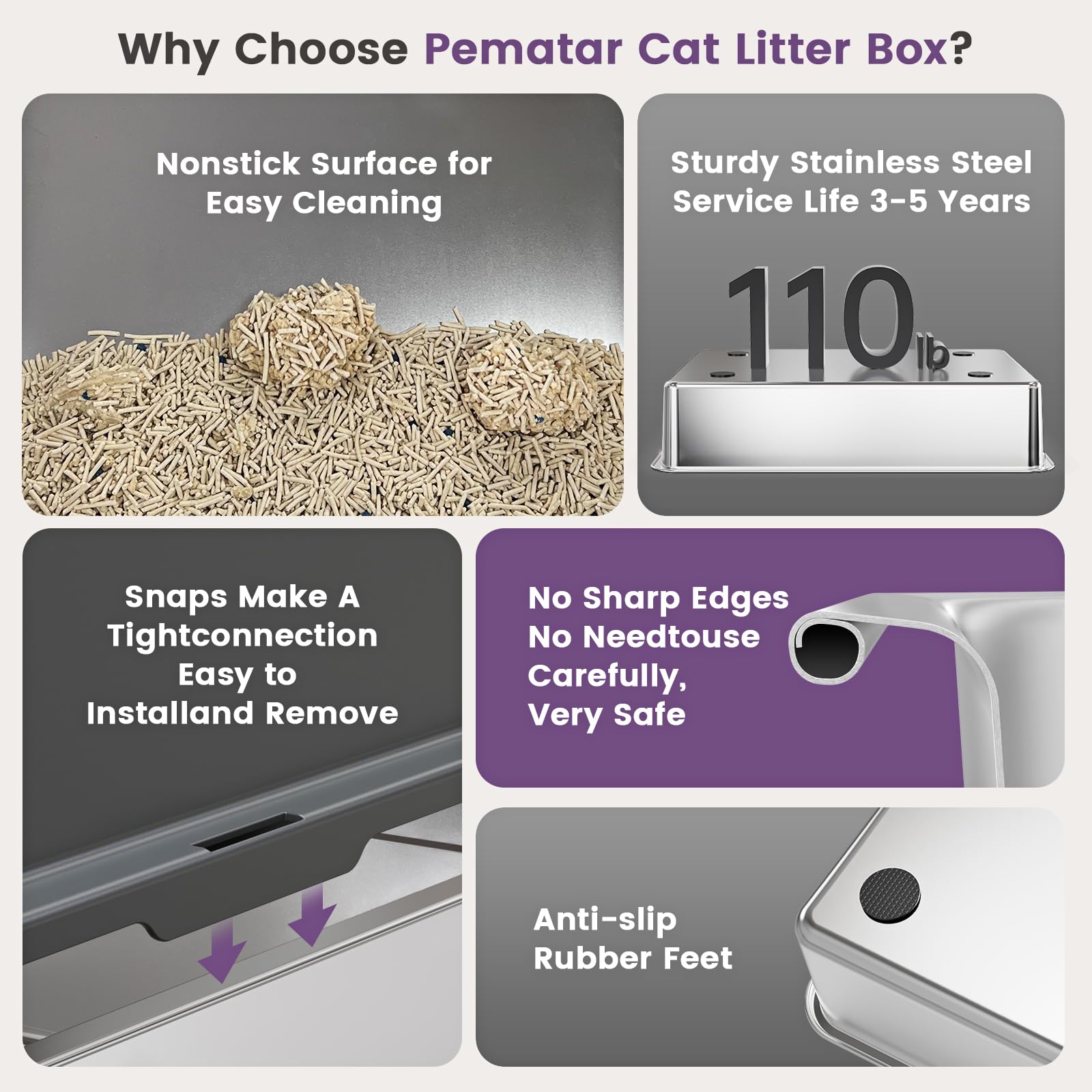 Pematar caja para gatos sin olores gracias a acero inoxidable fácil de limpiar