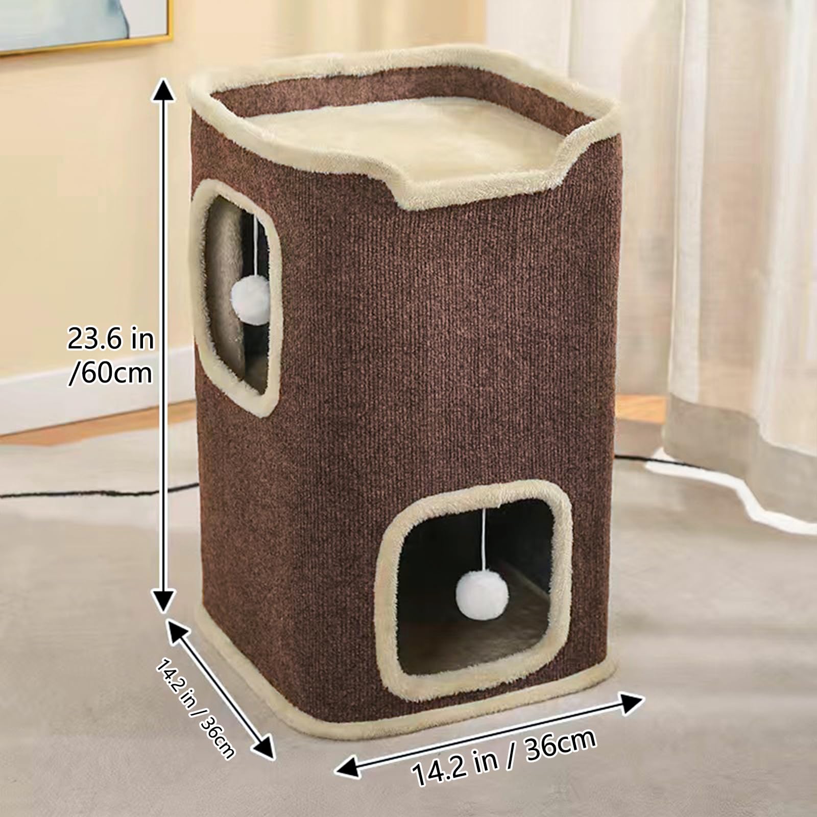 Pempet casa-gato-interior-dos-niveles ofrece espacio adicional para trepar y descansar.