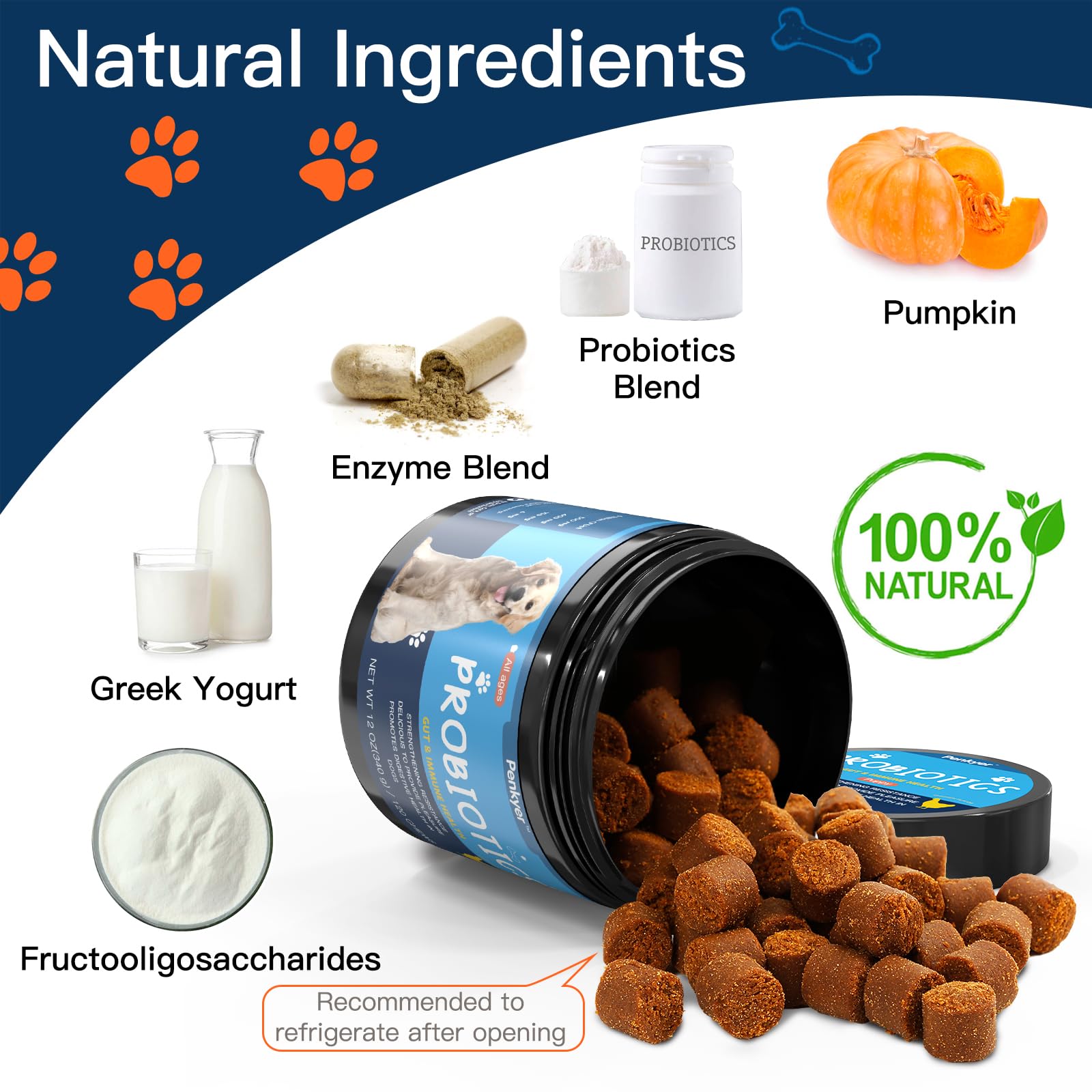 Penkyer Probióticos para Perros, omega-3 para piel sana y pelaje brillante.