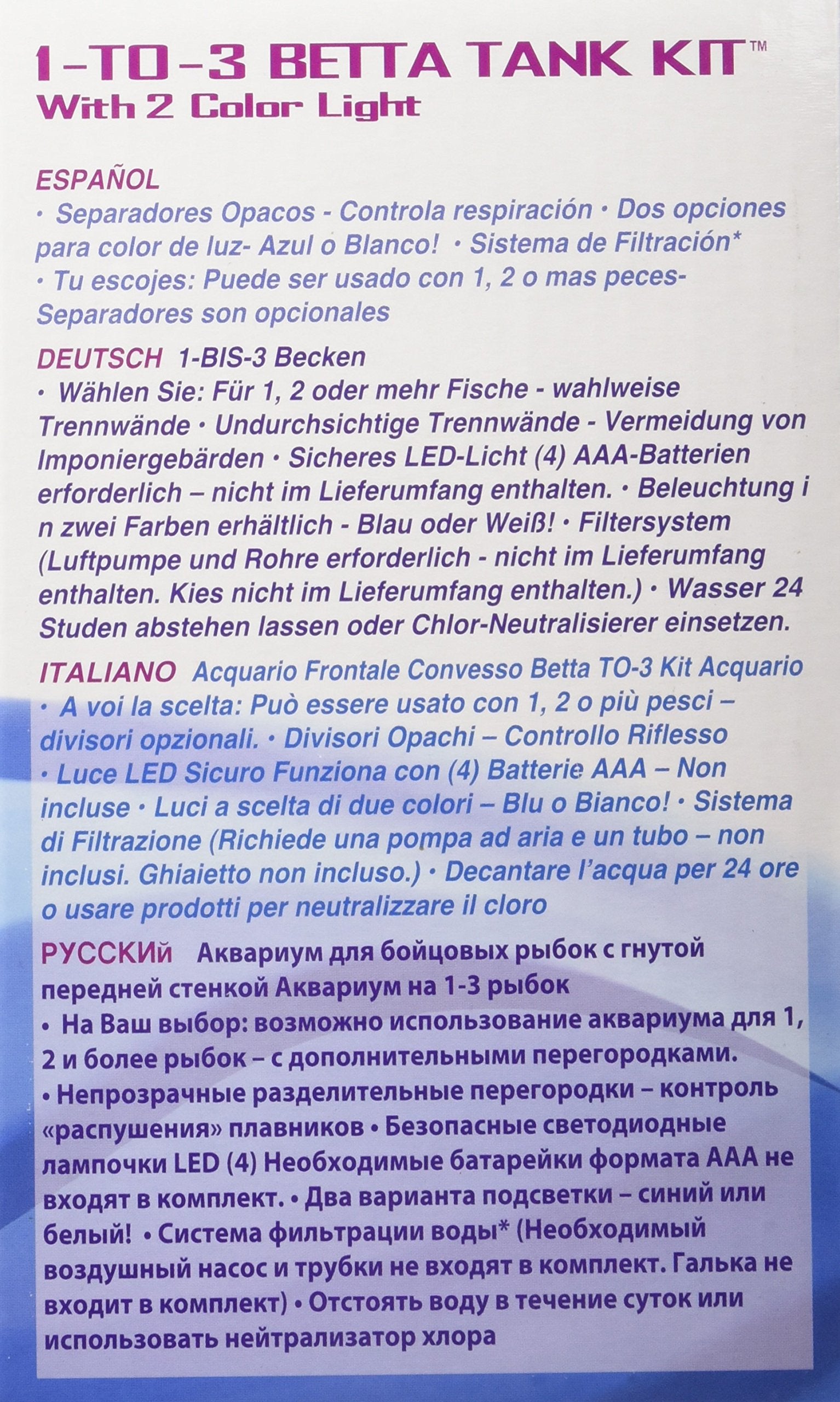 Penn-Plax Deluxe Triple Betta Tank muestra dimensiones y distribución de cámaras.