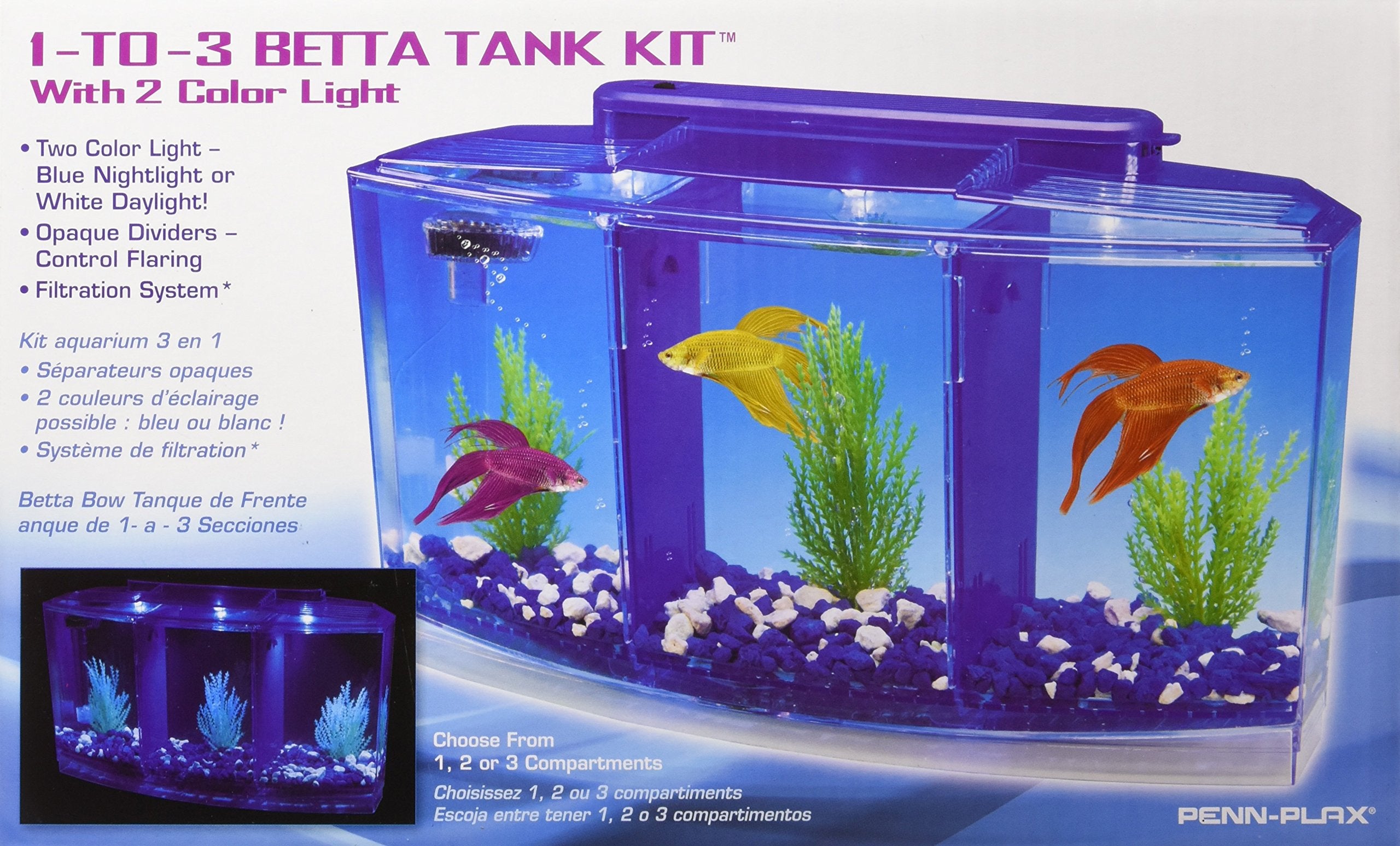 Penn-Plax Deluxe Triple Betta Tank con filtro bajo grava incluido para limpieza fácil.