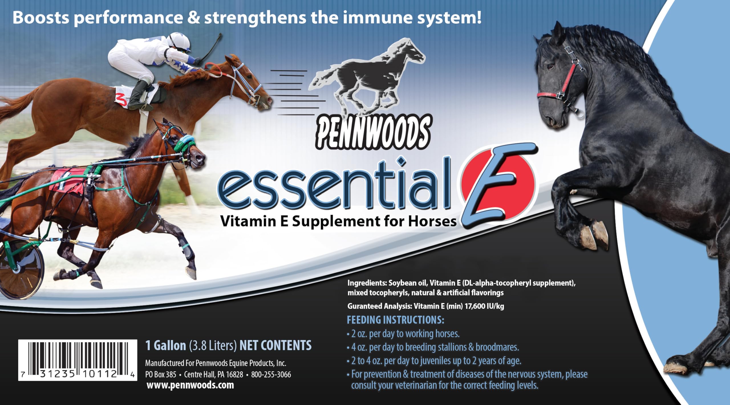 Pennwoods Essential E, botella de 1 galón, nutrición equina confiable para rendimiento.