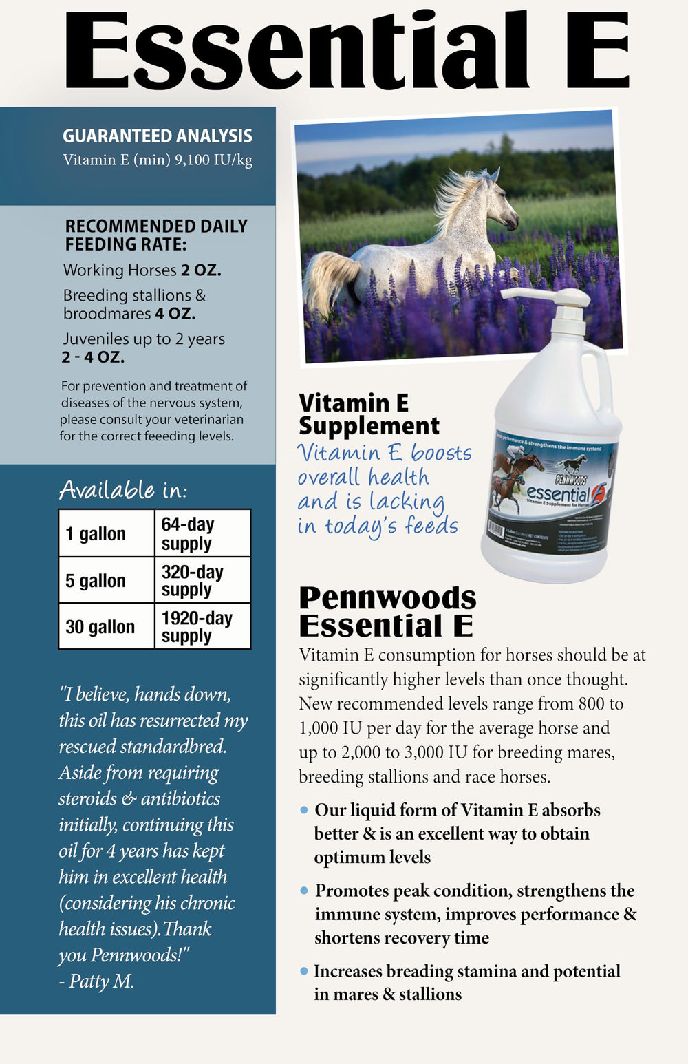 Pennwoods Essential E, caballo bebiendo, muestra uso práctico para entreno y nutrición.