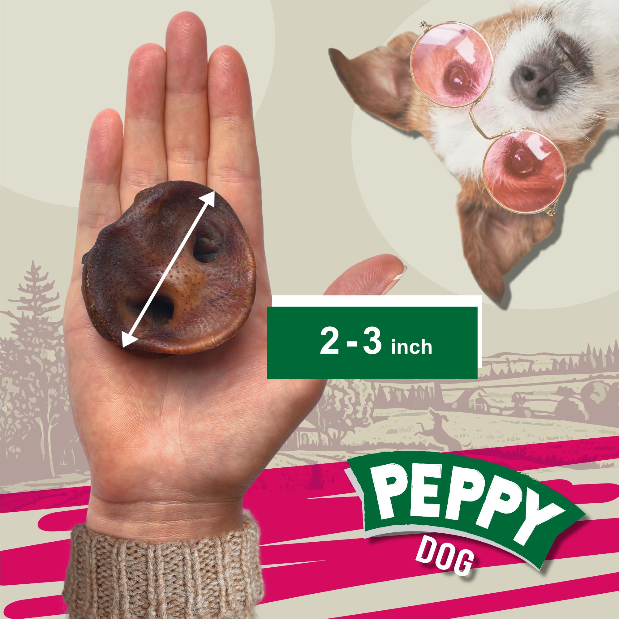 Envase de hocicos de cerdo de Peppy Dog, snack práctico para perros