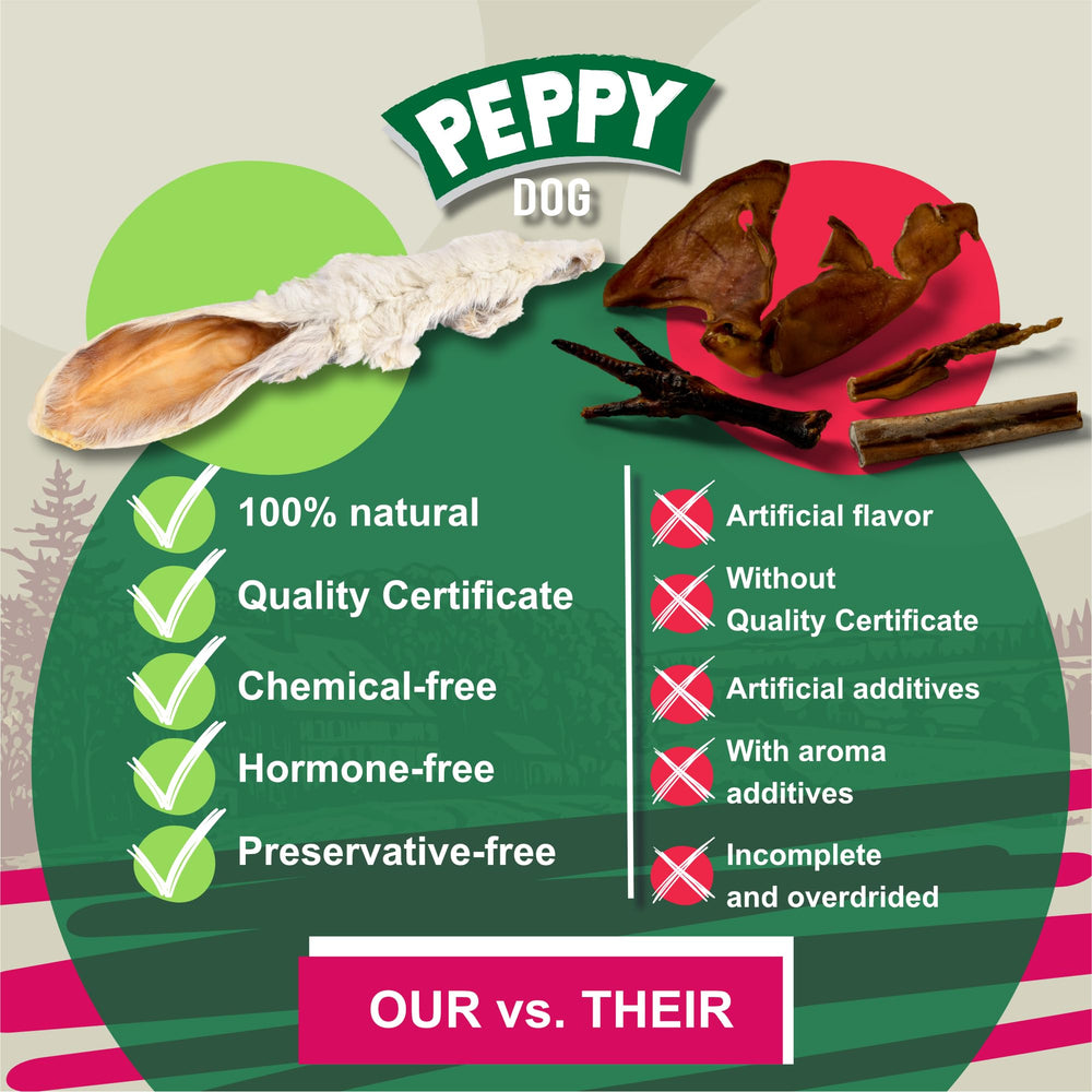 PEPPY DOG sin aditivos, orejas de conejo con pelo para alergias alimentarias
