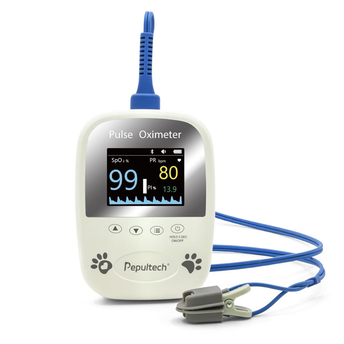 Pepultech oxímetro veterinario muestra SpO2 y pulso para monitoreo rápido de perros.