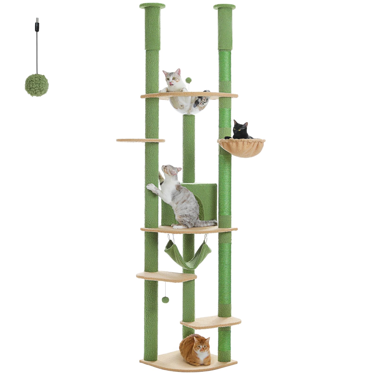 Pequlti arbol-gato piso-techo ajustable verde, ideal para gatos activos y exploradores.