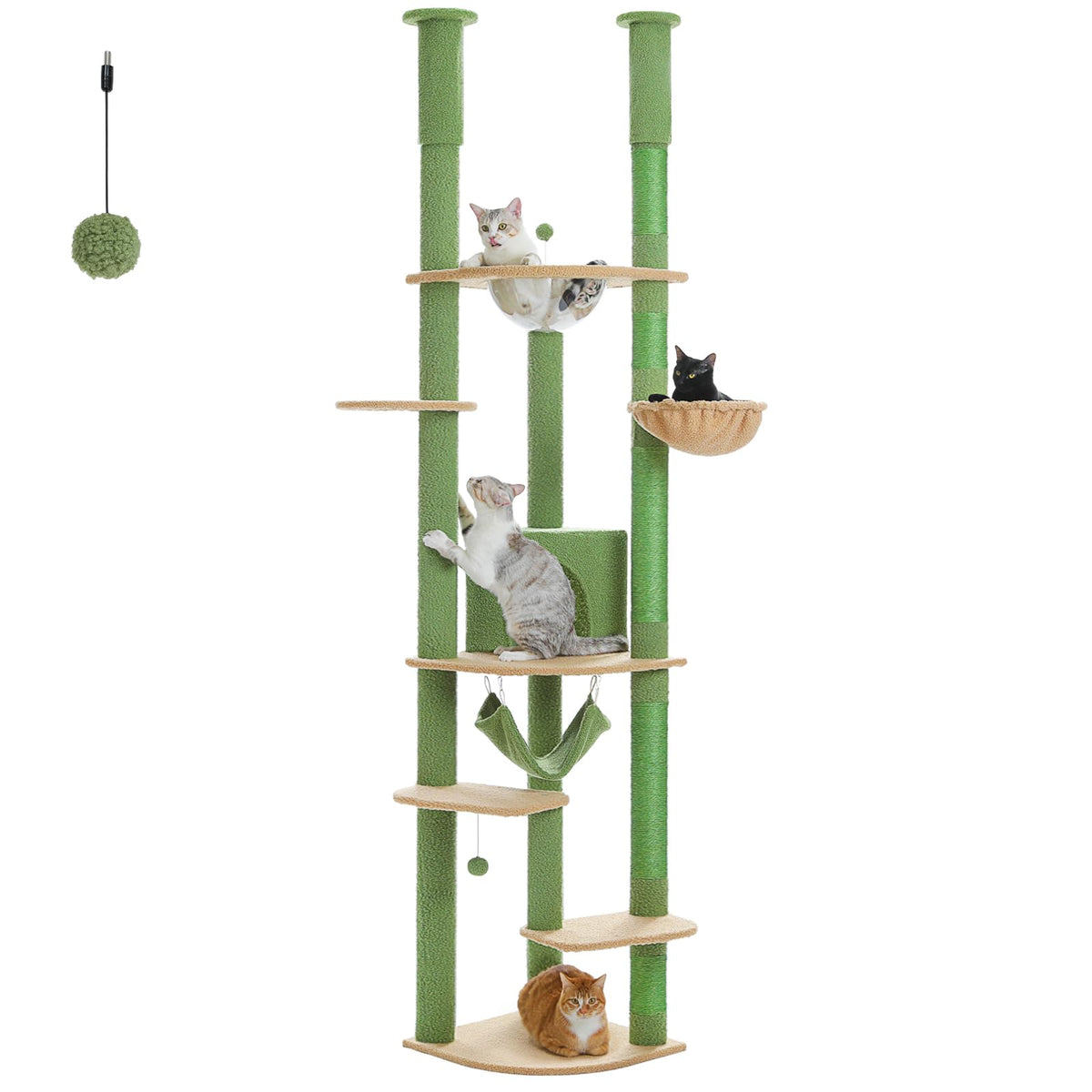 Pequlti arbol-gato piso-techo ajustable verde, ideal para gatos activos y exploradores.