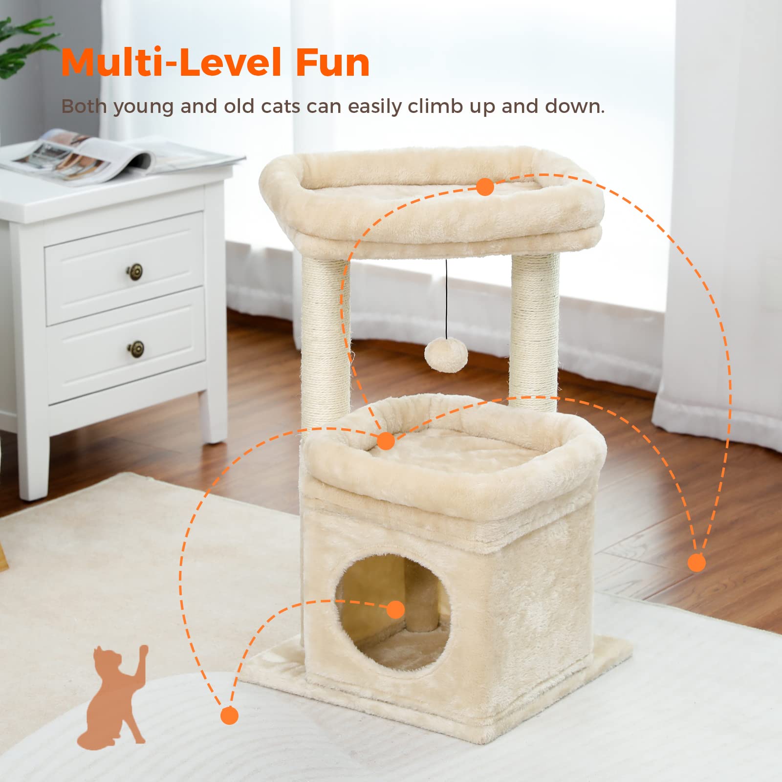 PEQULTI Cat Tree cuna espaciosa para siestas tras la comida.