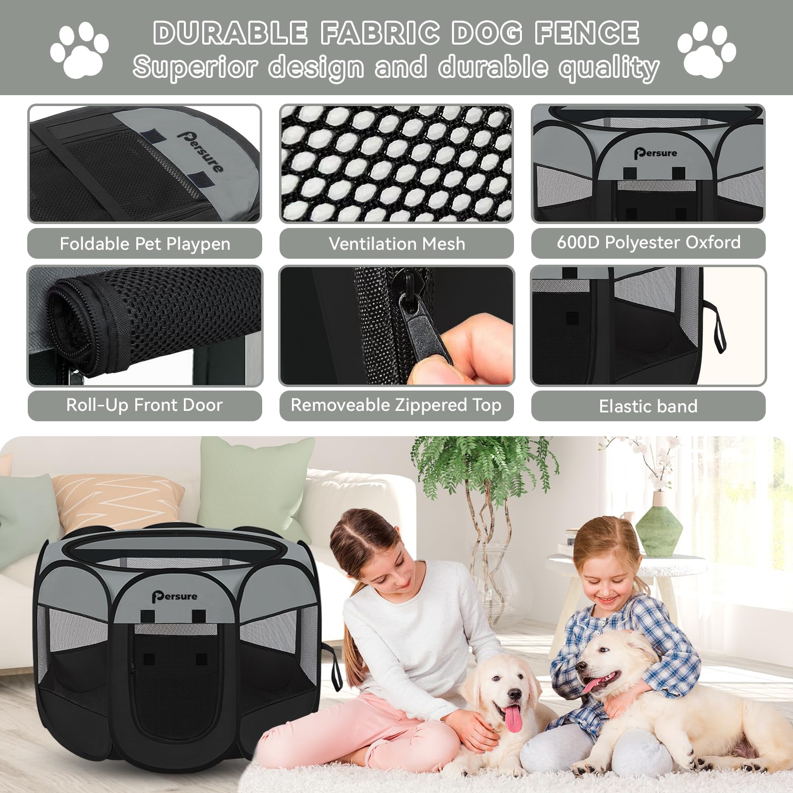 Persure Playpen con malla y ocho paneles para buena ventilación.