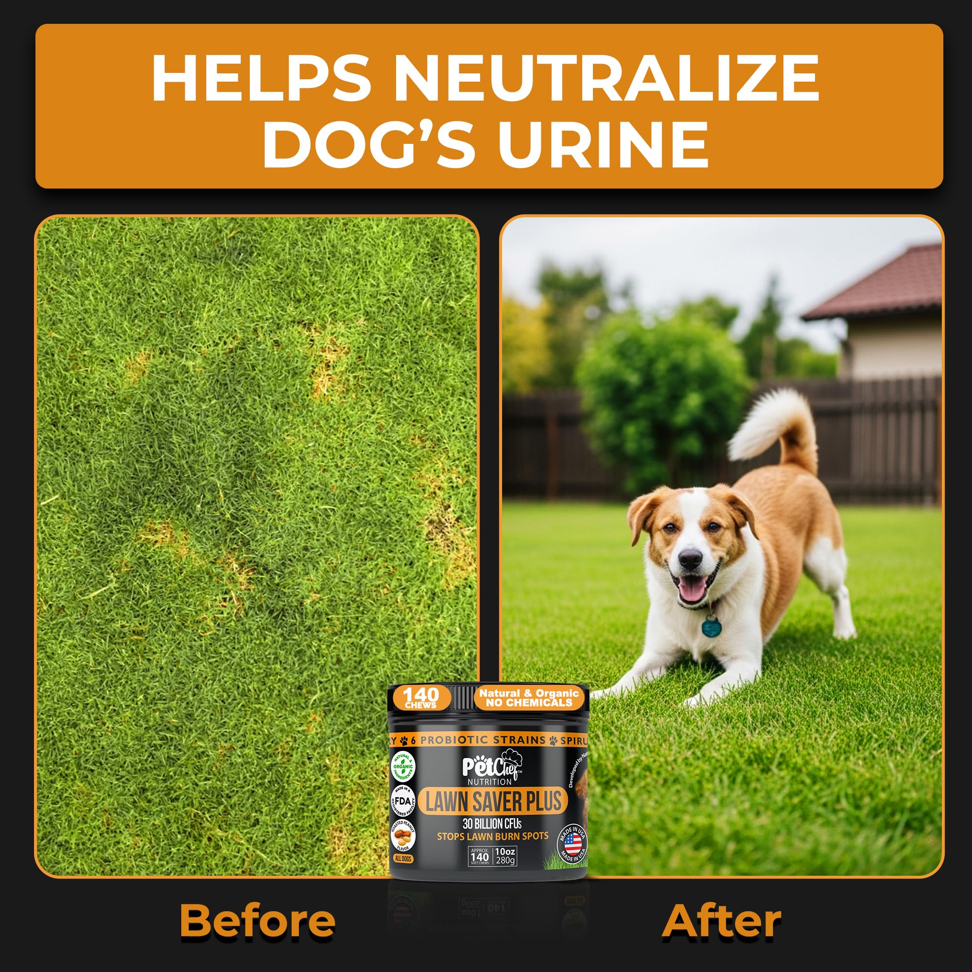 Pet Chef Nutrition protección natural del césped para un jardín saludable.