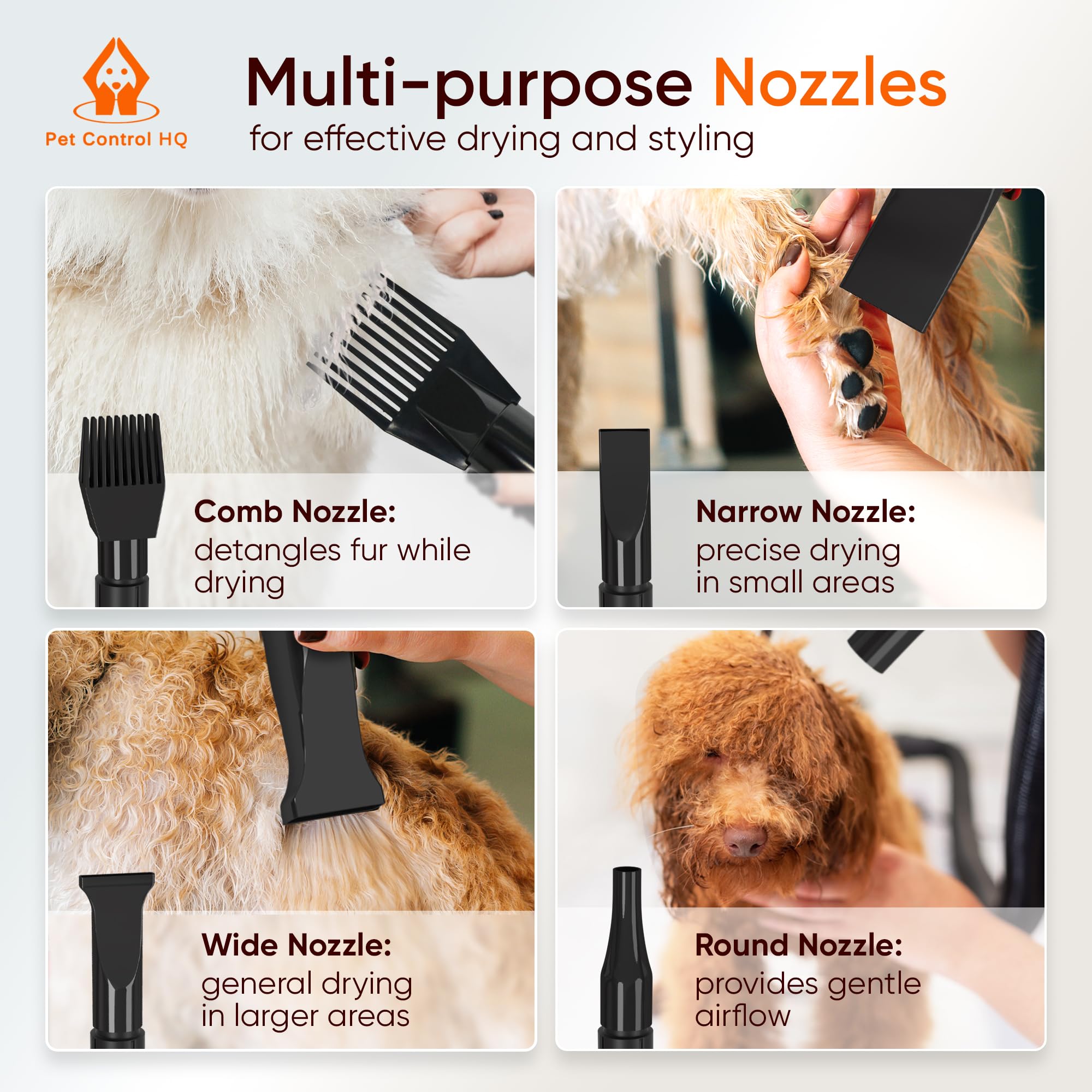 Pet Control HQ secador-perro-boquilla-ancha, cubre más superficie para secado uniforme.