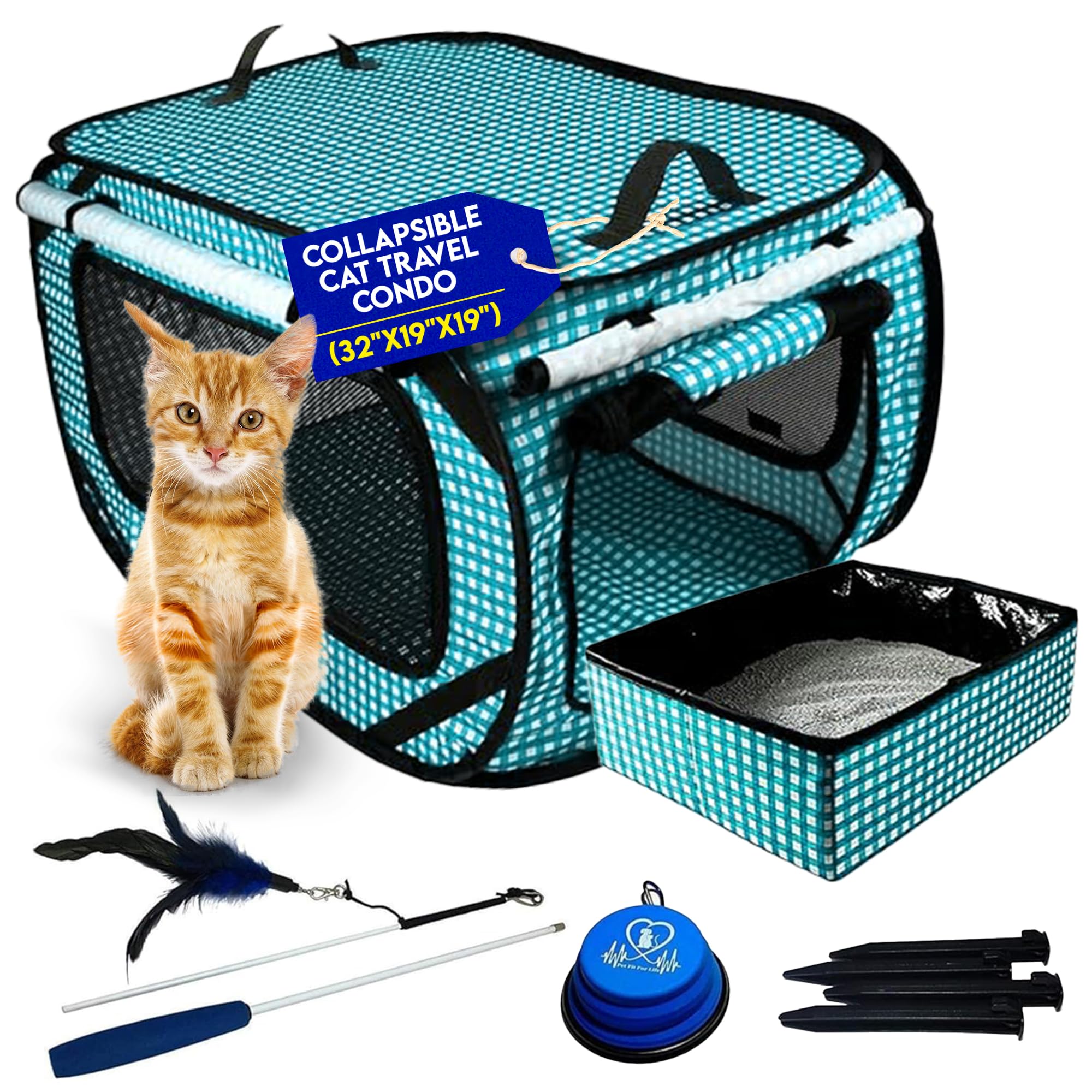 Transportín Pet Fit For Life XL turquesa a cuadros para coche, diseño plegable.