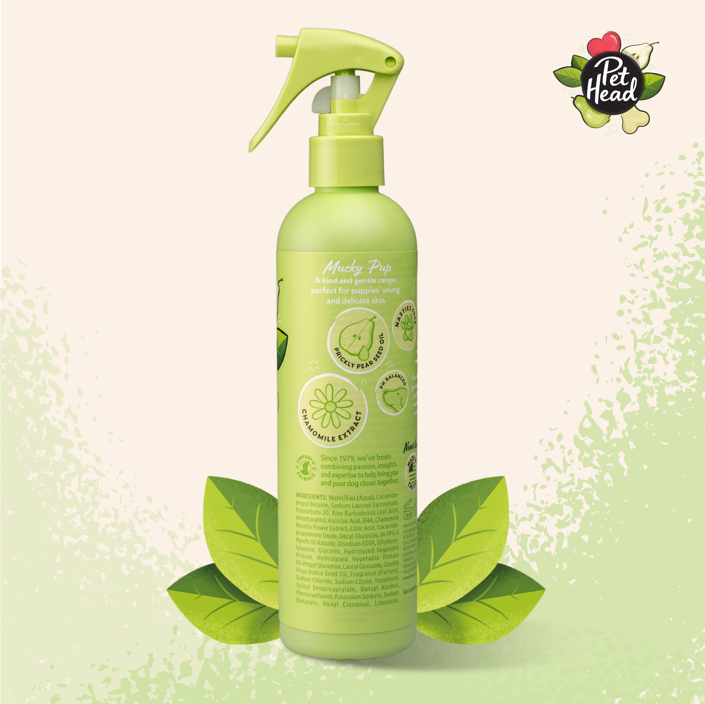 Pet Head aceites naturales con nopal y rosa mosqueta hidratan el pelaje del cachorro.