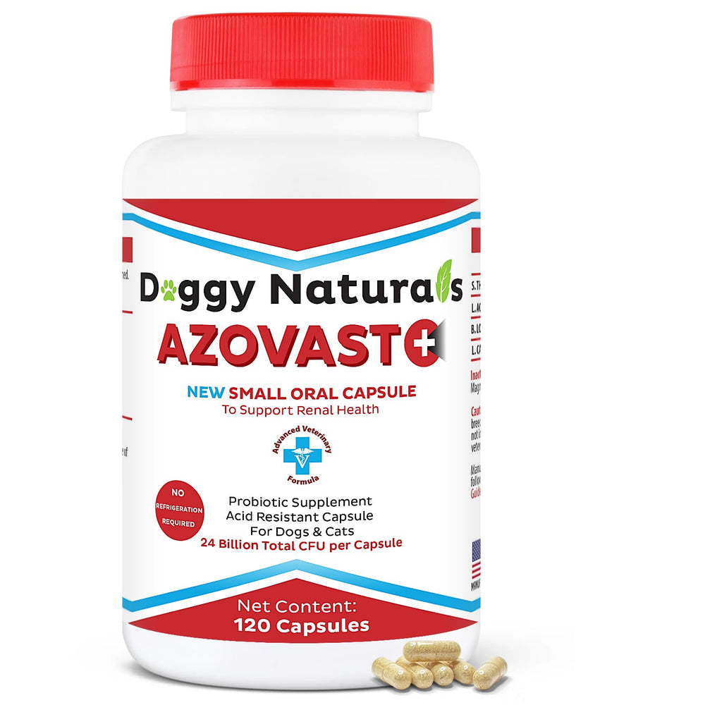 Pet Health Pharma Azovast Plus: botella frente, ayuda a la salud renal de perros y gatos.