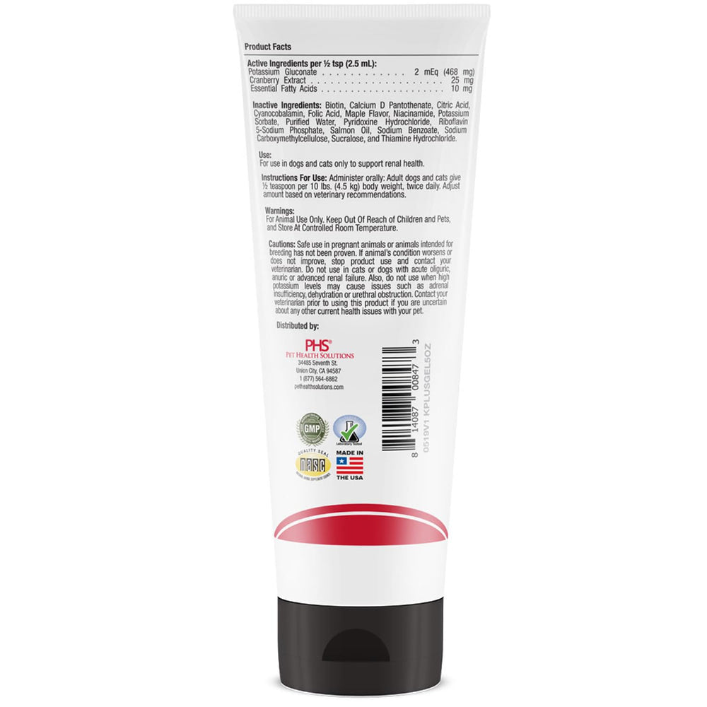 K-Plus Potasio gluconato Gel Renal, aprobación veterinaria destacada.