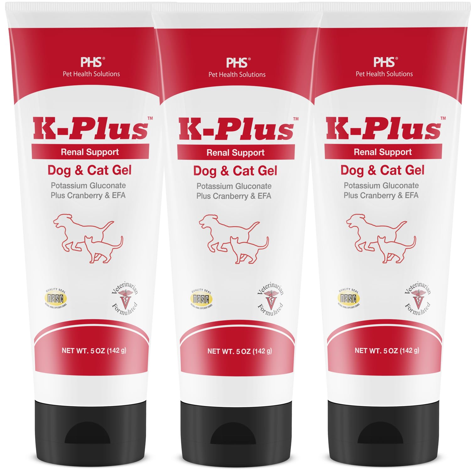 K-Plus Potasio gluconato Gel Renal de Pet Health Solutions, envase visible para dosis.