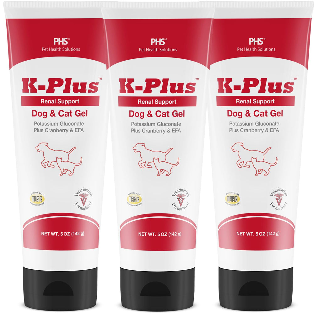 K-Plus Potasio gluconato Gel Renal de Pet Health Solutions, envase visible para dosis.