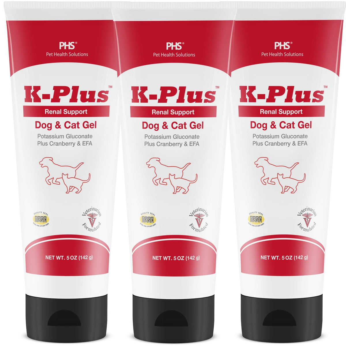 K-Plus Potasio gluconato Gel Renal de Pet Health Solutions, envase visible para dosis.