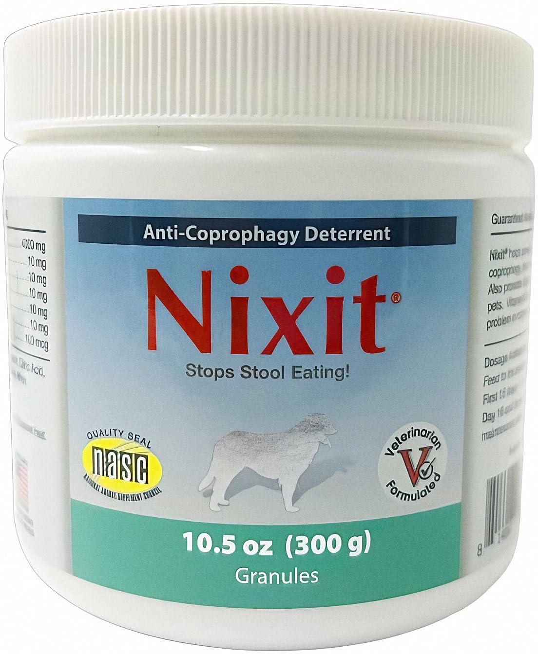 Nixit frasco con etiqueta mostrando dosis para perros, ayuda a disuadir el hábito de comer heces.