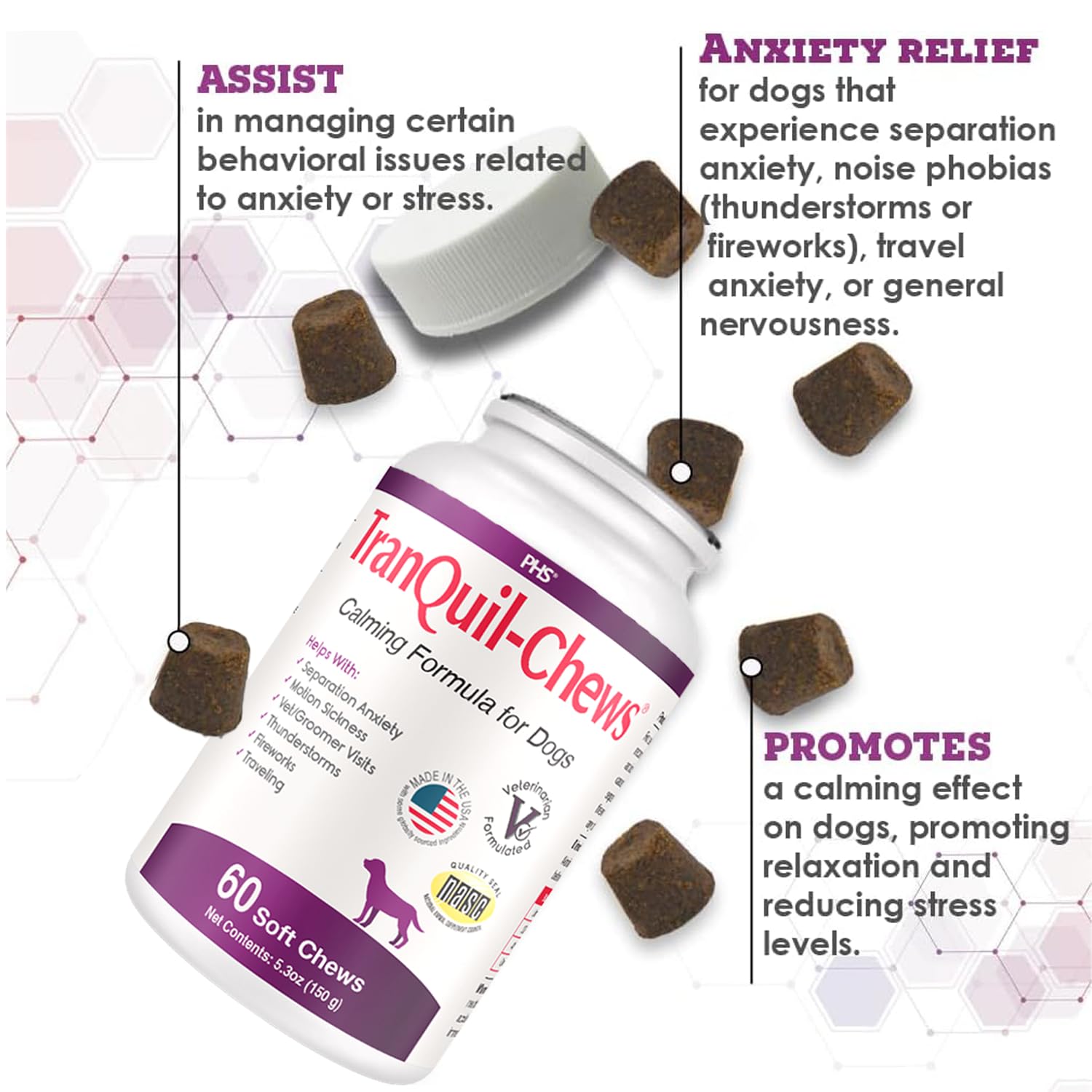 Pet Health Solutions TranQuil-Chews, etiqueta nutricional: ingredientes naturales para tranquilidad suave.
