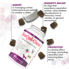 Pet Health Solutions TranQuil-Chews, etiqueta nutricional: ingredientes naturales para tranquilidad suave.
