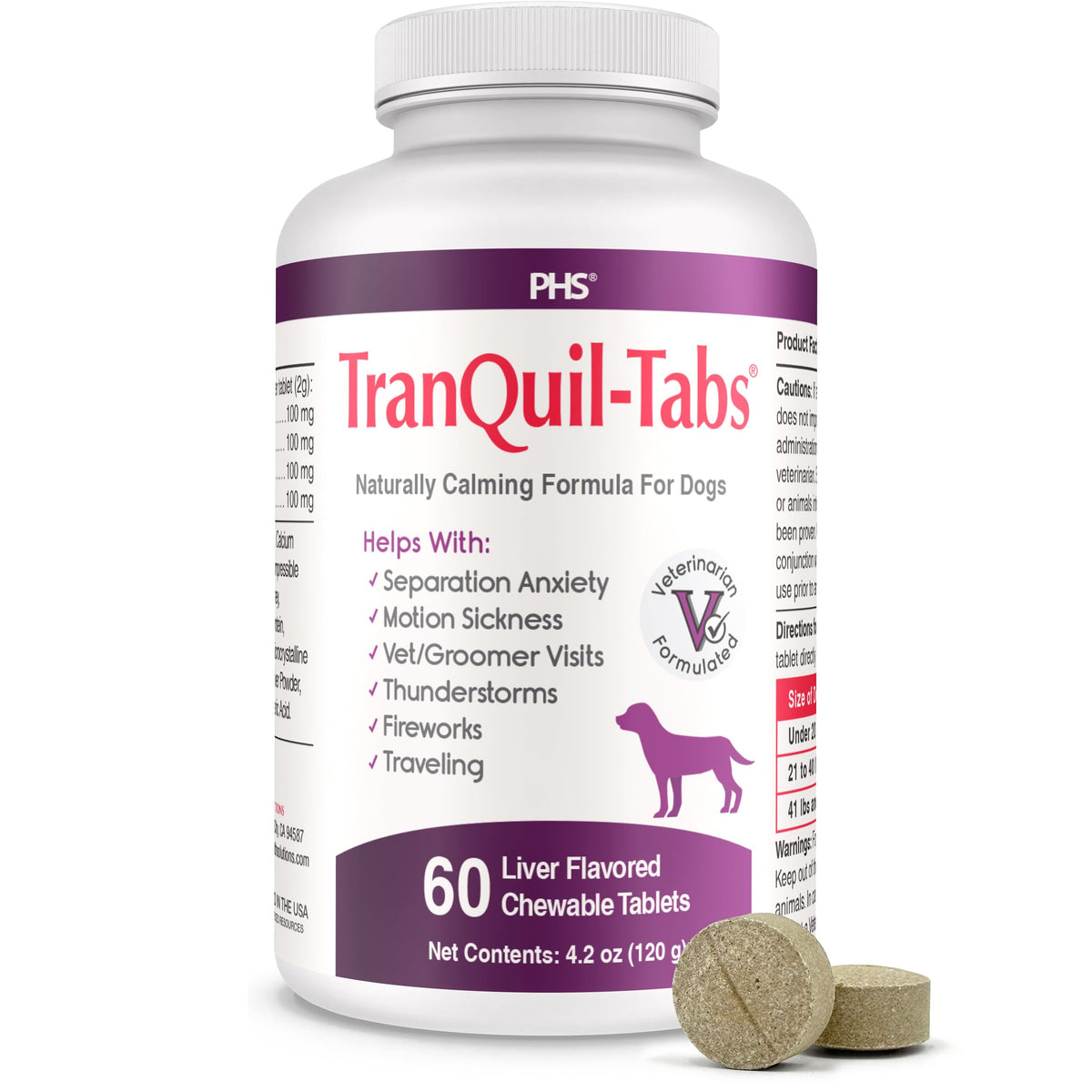 TranQuil-Tabs para perros, bote de pastillas, calma suave