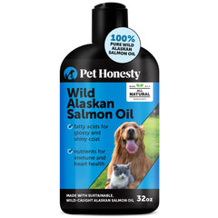 Pet Honesty aceite de salmón salvaje: botella en primer plano para apoyar piel y pelaje.