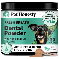 Pet Honesty, aliento fresco y polvo dental para perros, fácil uso diario.