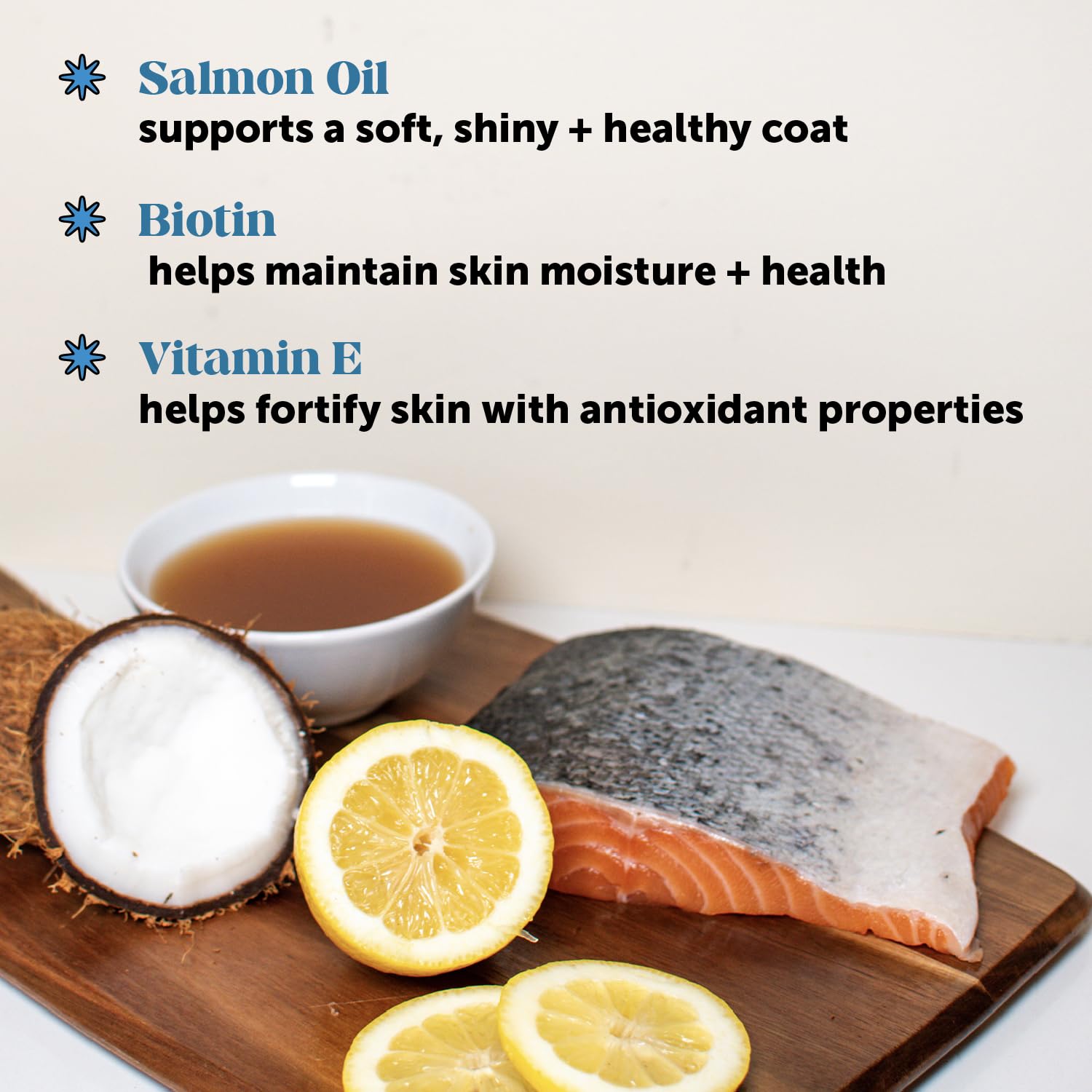Biotina y vitamina E para la salud de la piel de perros.