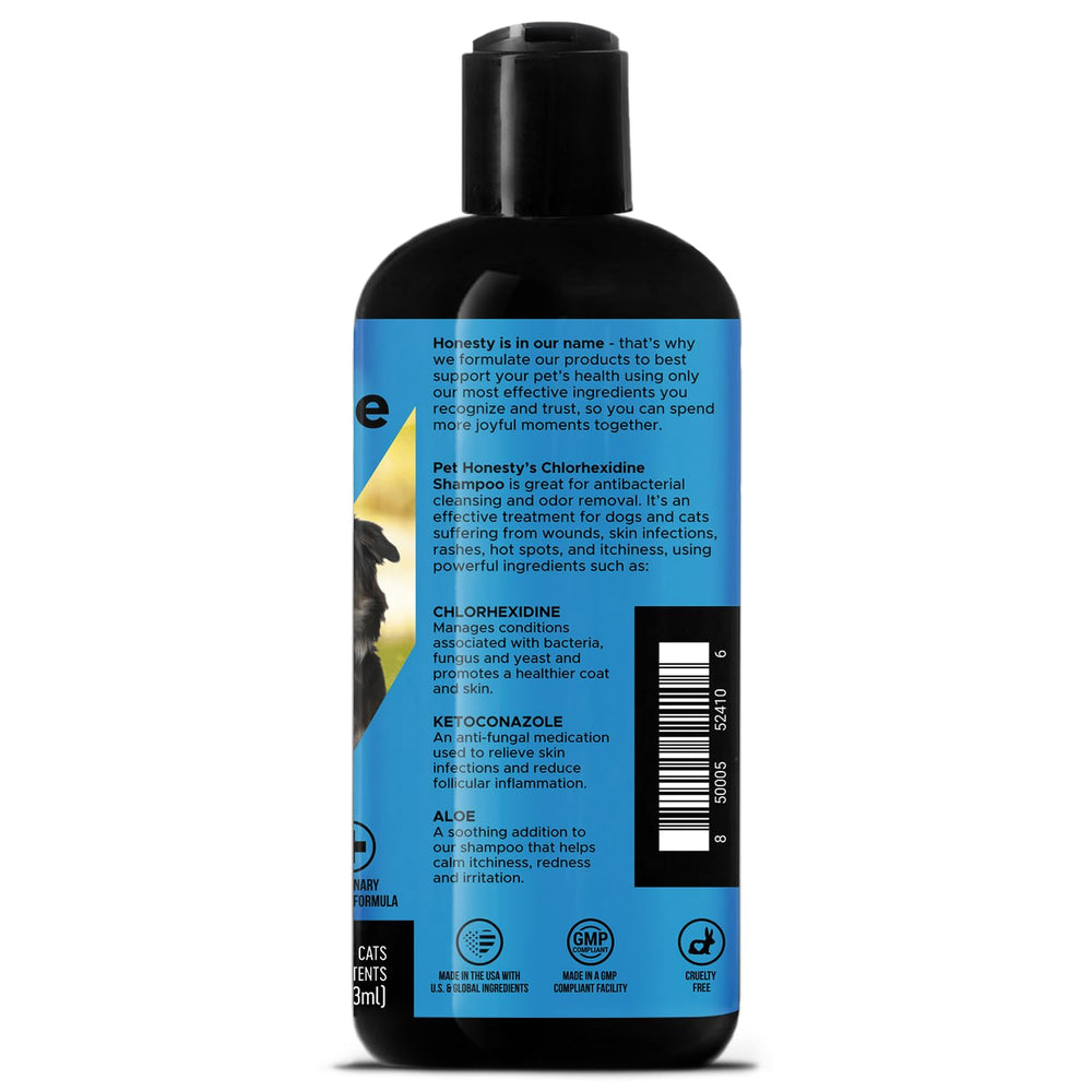 Pet Honesty shampoo etiqueta trasera con detalles de uso y beneficios.