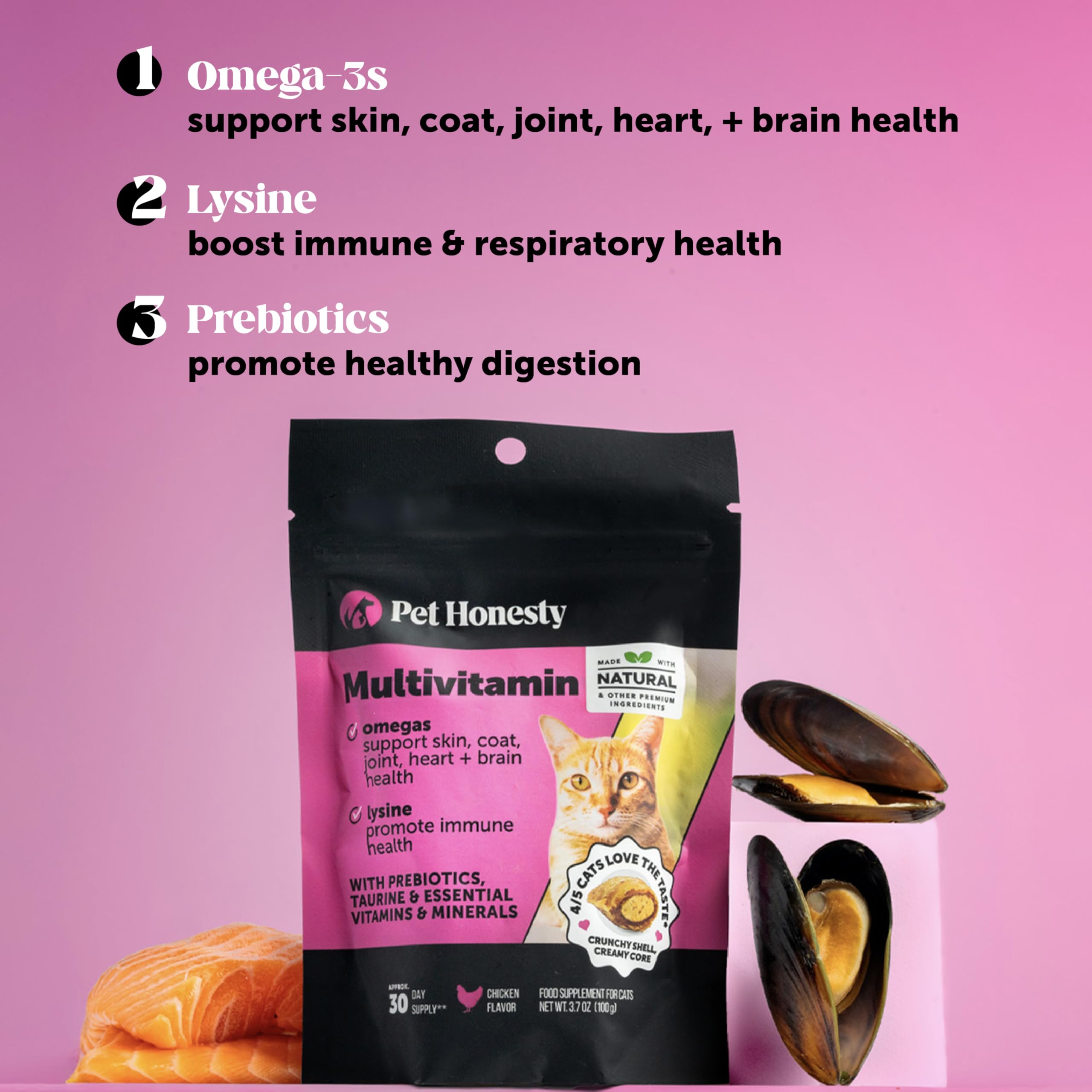 Pet Honesty Gato lisina beta-glucano omega-3, apoyo a piel y pelaje.