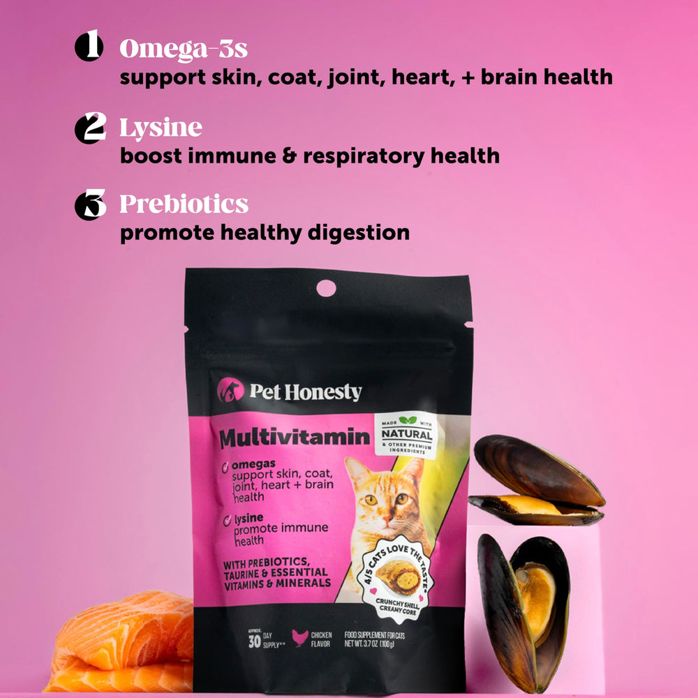Pet Honesty Gato lisina beta-glucano omega-3, apoyo a piel y pelaje.