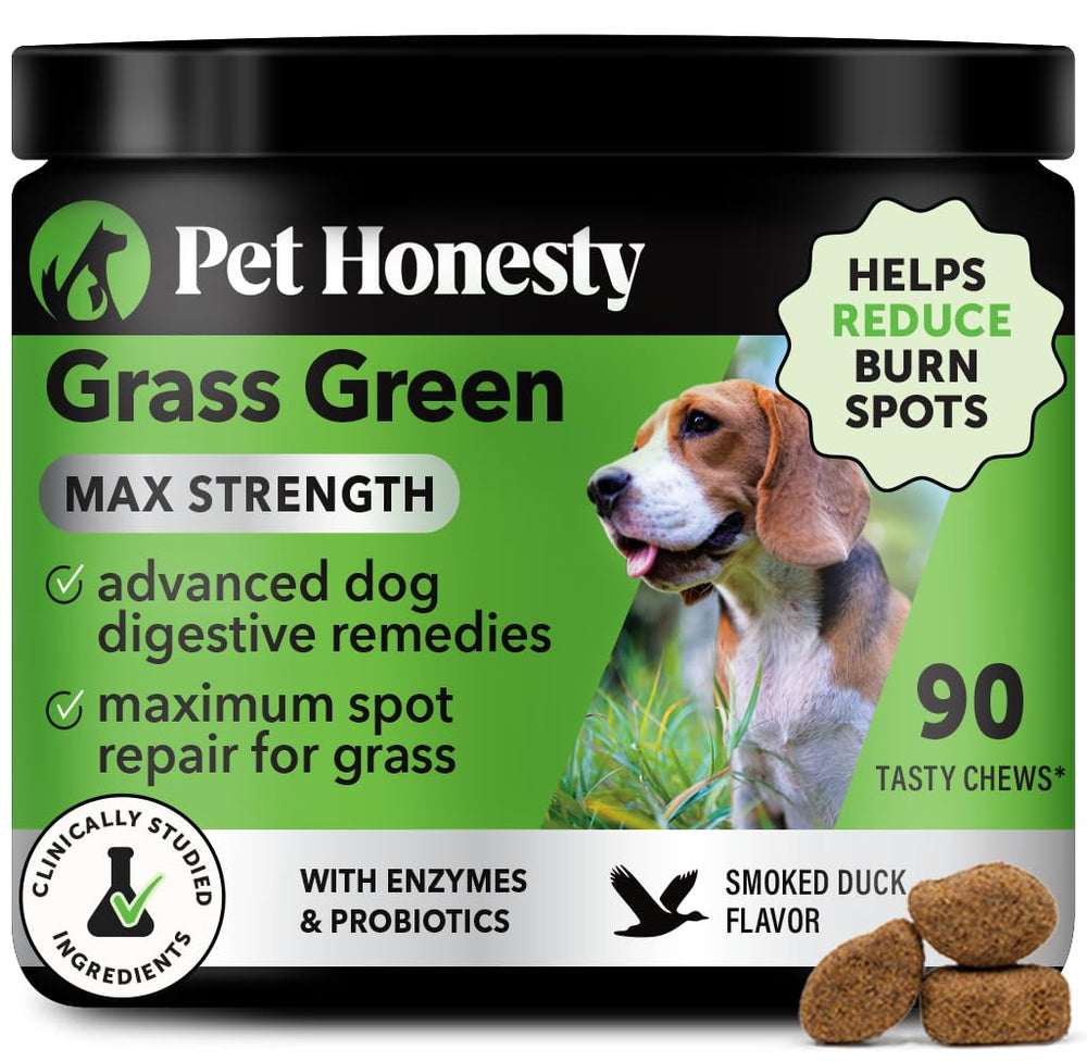 Pet Honesty Grass Green Max, primer plano de la botella, ingredientes confiables.