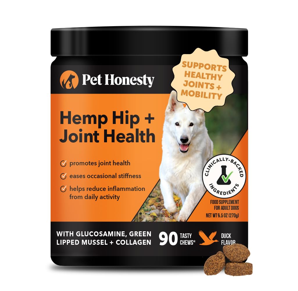 Pet Honesty cáñamo para caderas y articulaciones de perros, frasco de gomitas para movilidad.