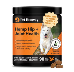 Pet Honesty cáñamo para caderas y articulaciones de perros, frasco de gomitas para movilidad.