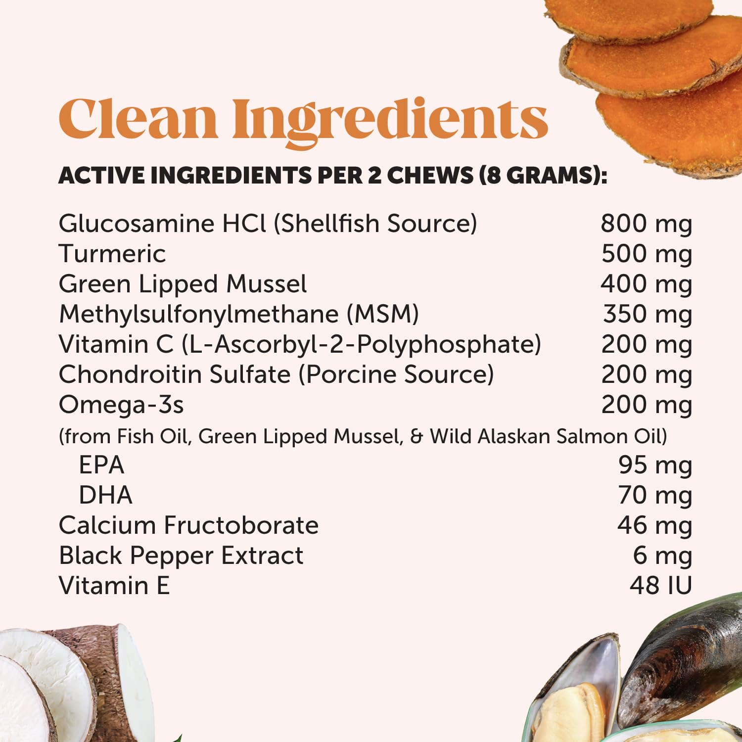 Pet Honesty ingredientes clave: MSM, calcio fructoborato para soporte articular.